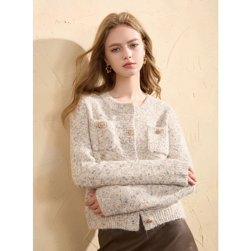 三彩2024冬季新款奶油花纱针织衫香风圆领毛衣开衫短款毛衫女M