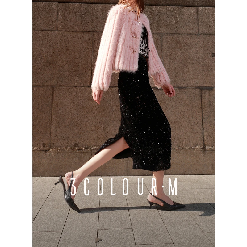 三彩2025春季新款松紧高腰珠片半身裙派对风休闲中长裙开叉M