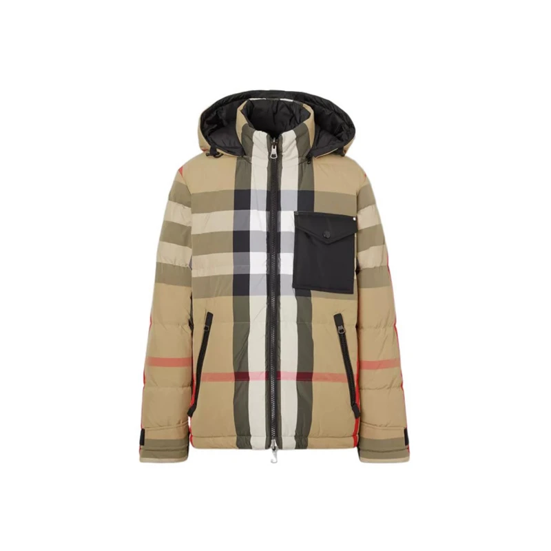 BURBERRY/博柏利条纹格子连帽拉链休闲羽绒服 米色