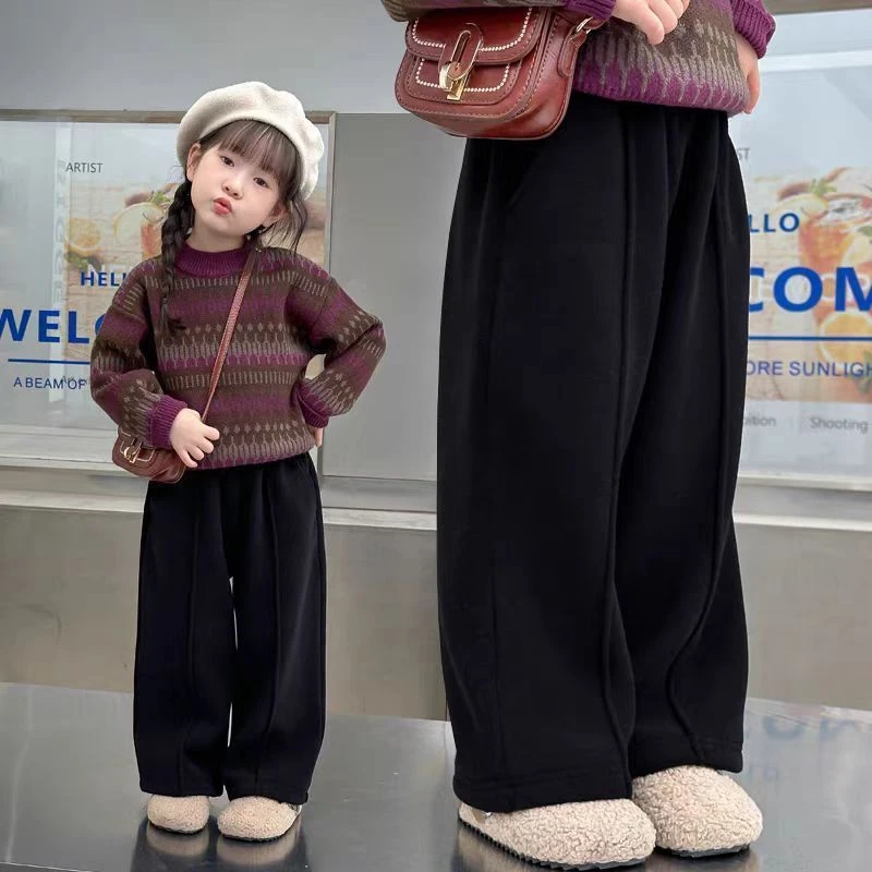 女童2024新款秋冬装加绒裤子儿童加厚休闲阔腿裤宝宝直筒长裤洋气