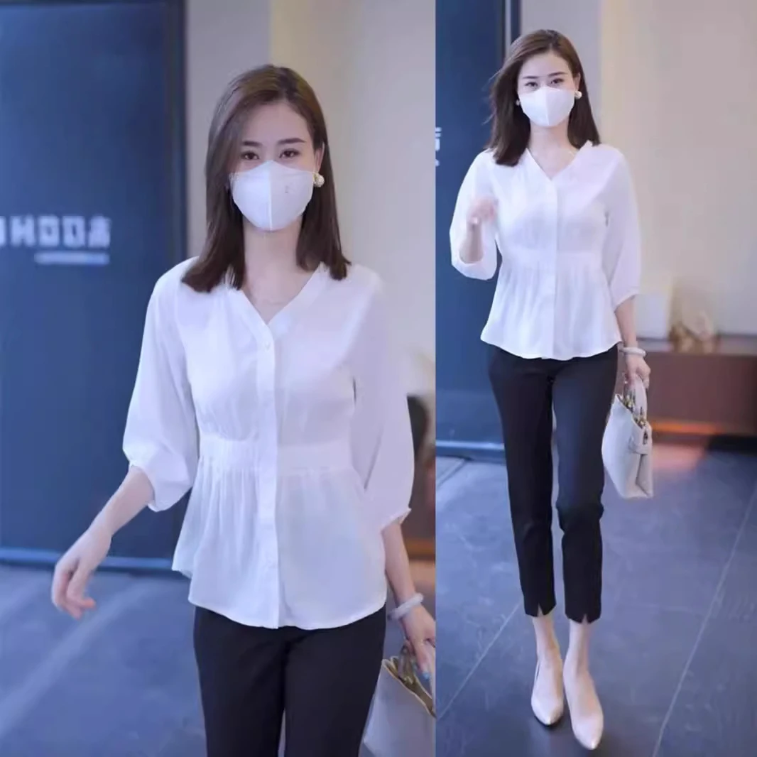 2025春秋爆款新款衬衣女时尚遮肚子七分袖上衣衬衫设计感收腰小衫