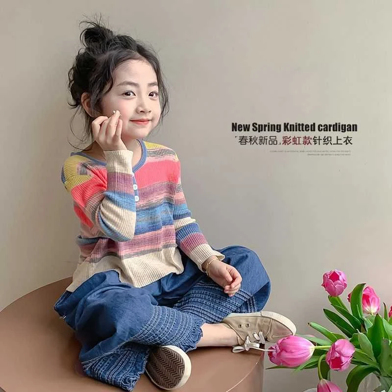 韩国女童针织长袖套装2025春秋女孩条纹打底衫毛衣阔腿牛仔裤两件