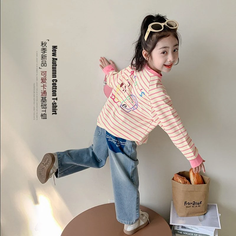 韩国女童时髦条纹长袖打底衫2024春秋中小童卡通可爱T恤衫洋气潮