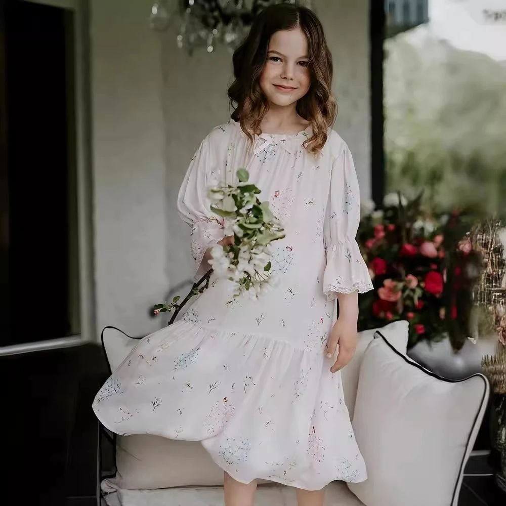 夏季公主裙2024春秋款儿童法式碎花睡衣套装女童蕾丝花边居家服