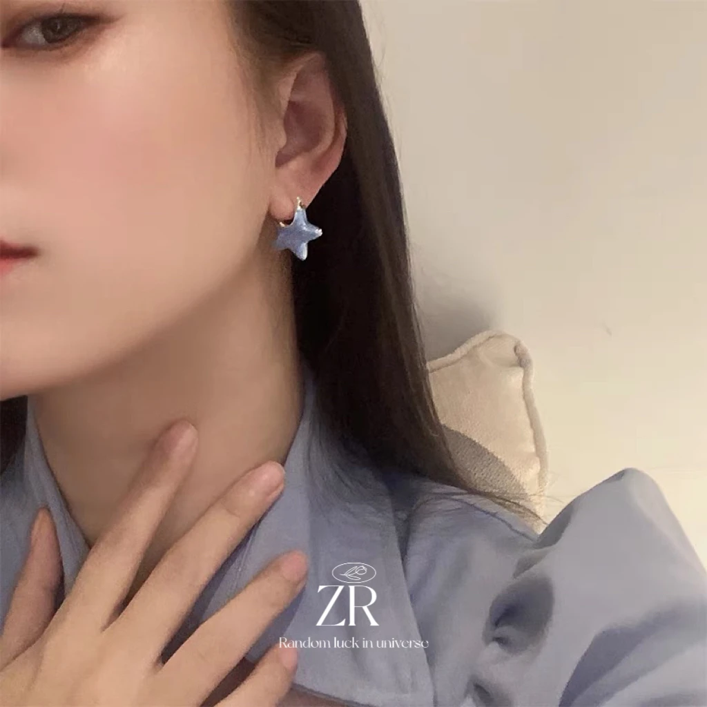 铜合金耳饰 ZR蓝色星星耳扣耳环女小众设计感高级感耳钉2023爆款