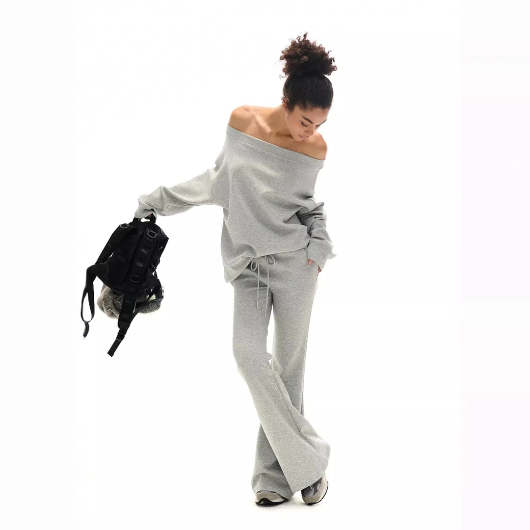 【唐菀zoey专属】Two little guys*一字肩薄款卫衣微喇休闲裤套装