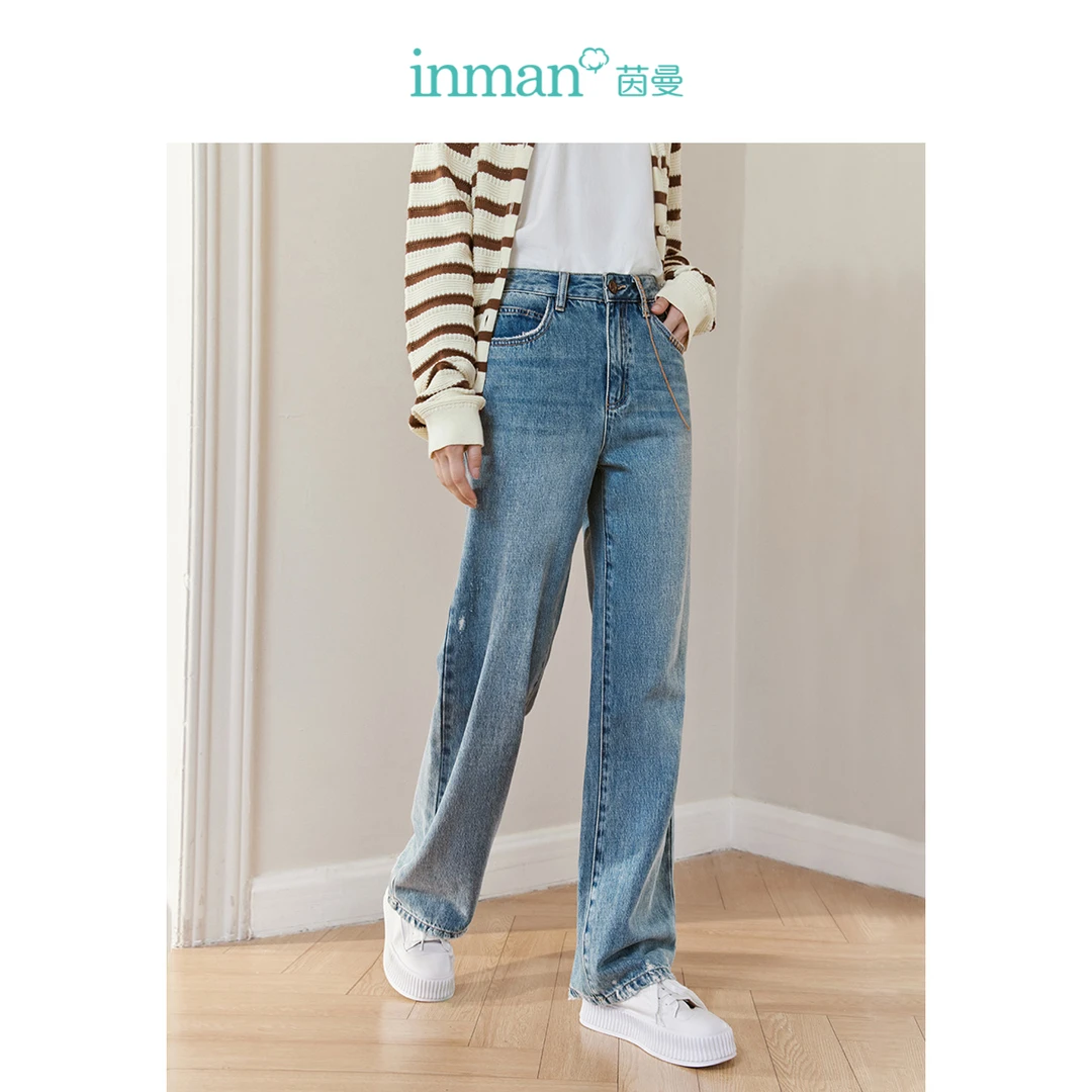 【618抢先购】茵曼春季复古开衩喇叭牛仔裤款高腰弹力百搭九分裤女