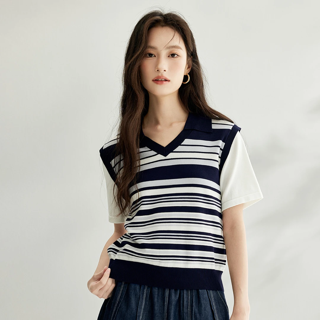 【优蓝印象】茵曼秋季假两件拼接V领POLO衫时尚百搭条纹针织衫女