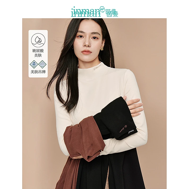 【618抢先购】茵曼秋季玻尿酸美肤T恤半高领刺绣长袖修身打底上衣