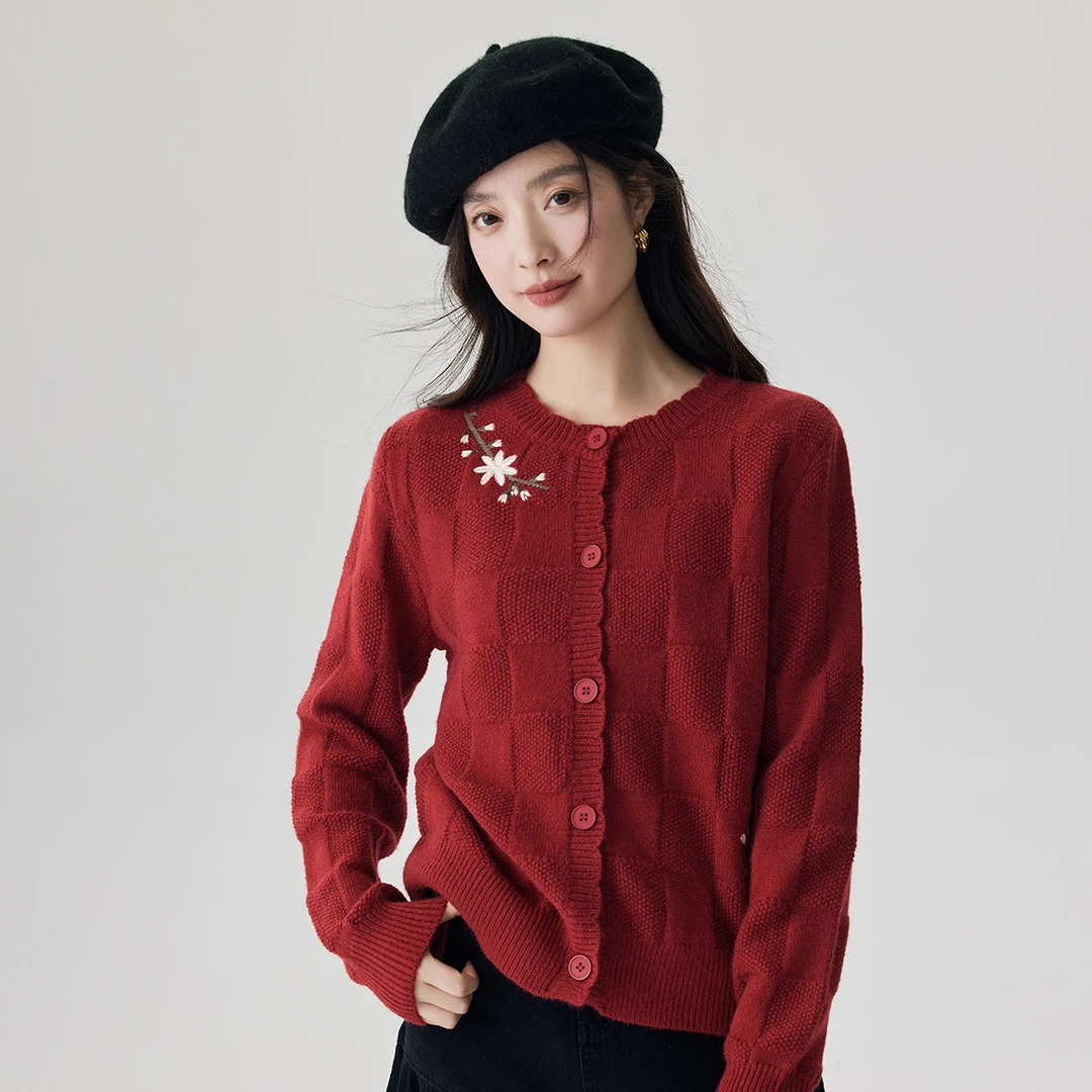 【欧若智性风】茵曼秋季田园复古绣花开衫毛衣文艺方格休闲外套上衣