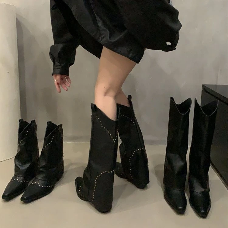复古黑色铆钉裤管靴短靴法式女靴百搭西部牛仔靴骑士靴小个子长靴