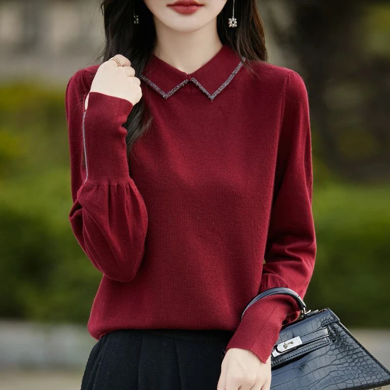 秋冬新款娃娃领精纺羊毛针织打底衫女长袖内搭灯笼袖毛衣显瘦上衣