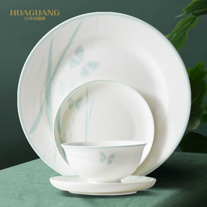 【6-8人用】华光国瓷碗碟轻奢餐具套装乔迁新居高脚家用防烫莫兰迪