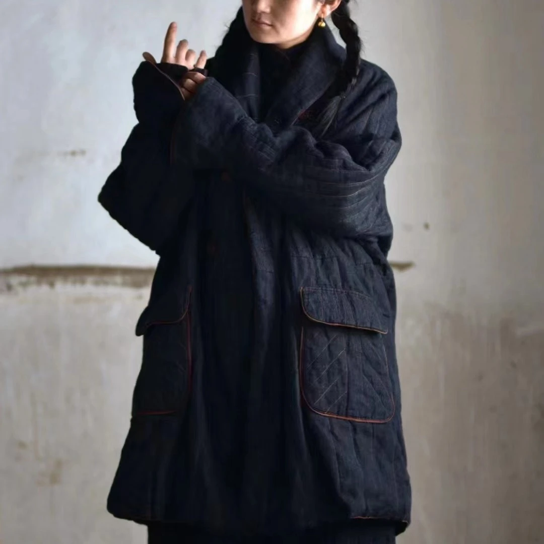 左岸迷香原创 秋冬上新亚麻长款藏青色外套8007=