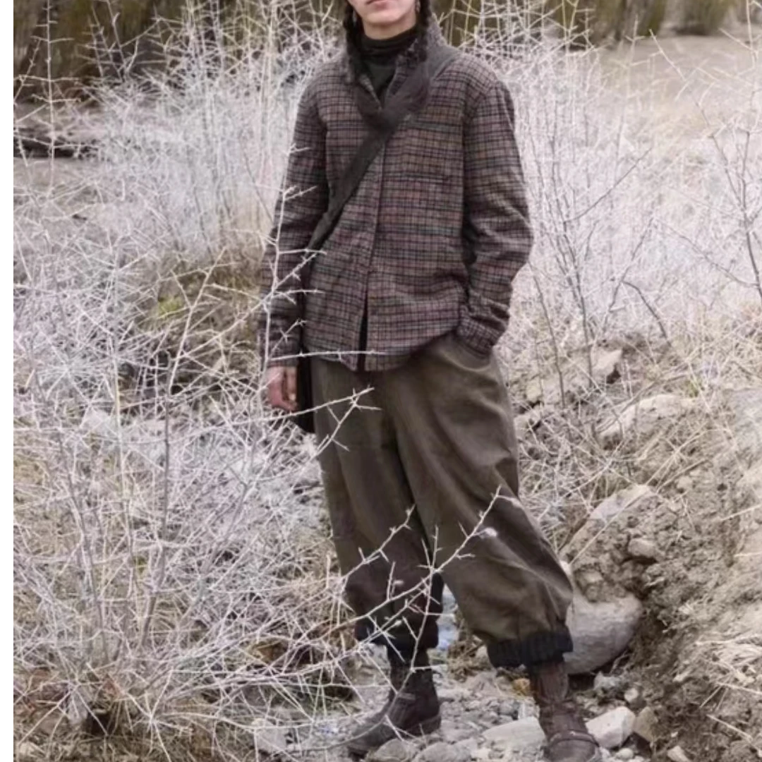 左岸迷香原创秋冬上新棉麻咖黄色休闲裤格纹衣服21FW3016格子冬季