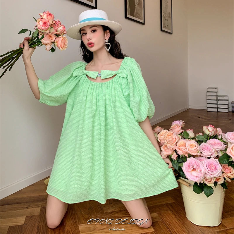 EFONI法式微胖mm显瘦夏季夏装绿色连衣裙女E22SP059 AA