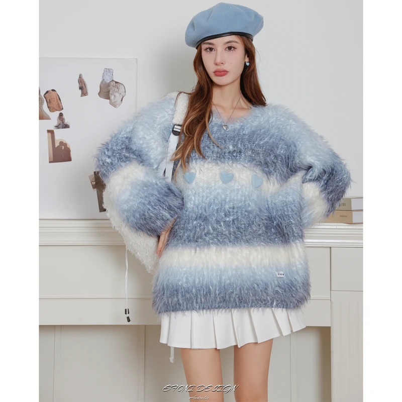 EFONI晕染毛衣时尚蓝灰条纹立体爱心貂绒毛衣 E22FA169 AA