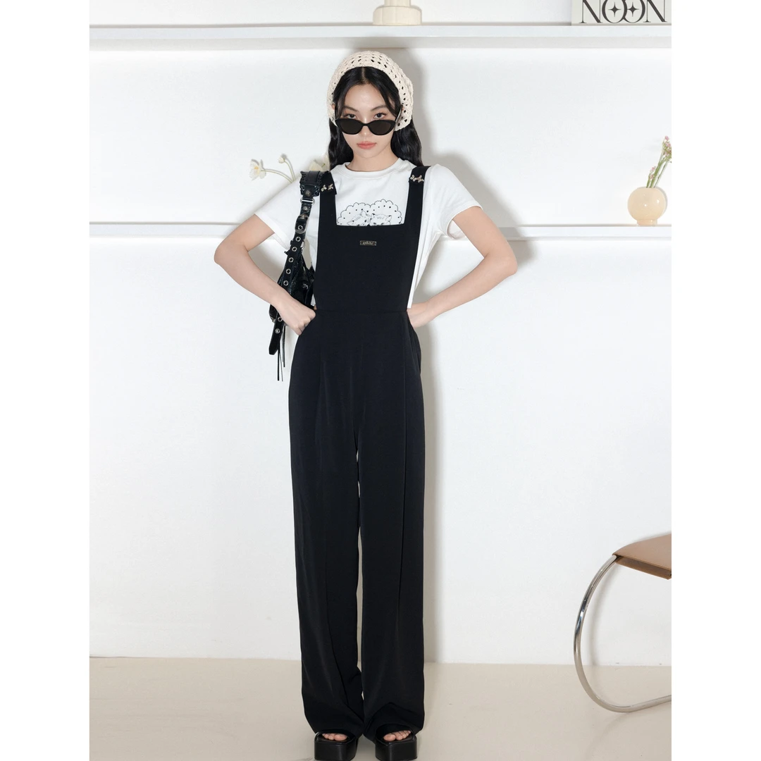 EFONI黑色显瘦气质时尚休闲夏季蝴蝶结扣直筒背带裤E23SU056 AA