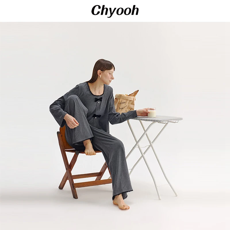 Chyooh池攸秋季新品丝绒蝴蝶结女家居服圆领针织棉舒适睡衣套装