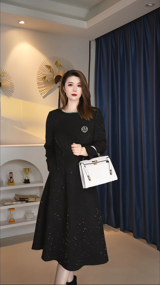 高定精纺羊 毛显瘦连衣裙年秋冬女气质时尚优雅轻奢小香风 B1817