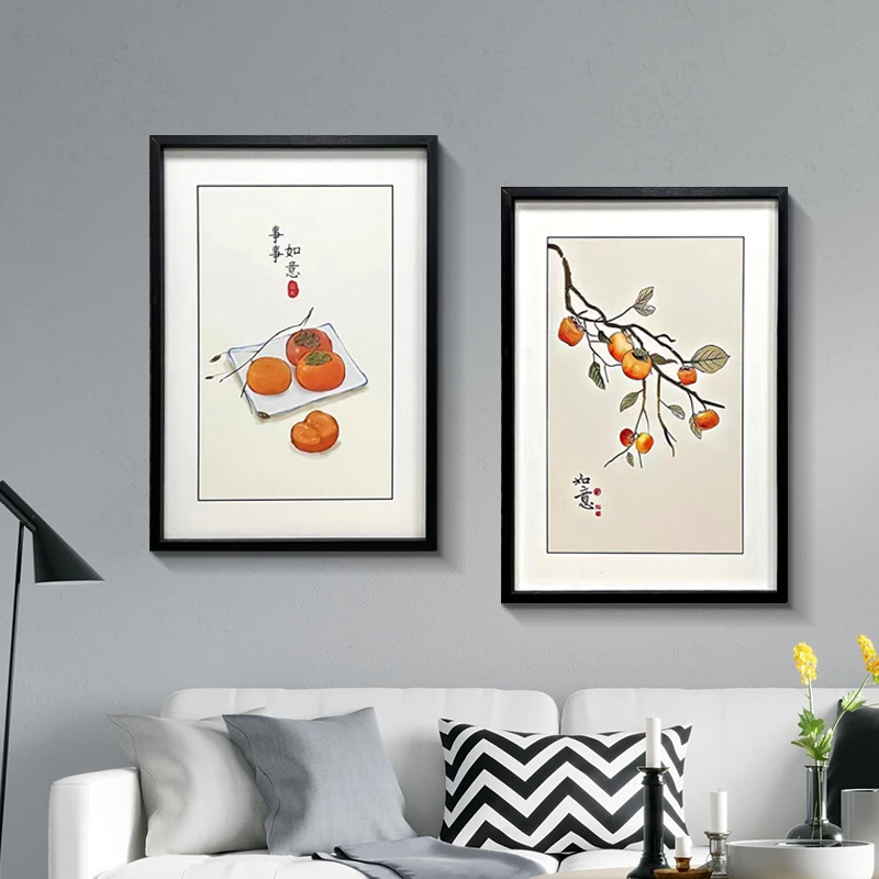 新中式客厅沙发壁画中国风装饰画寓意柿柿如意两联柿子餐厅挂画