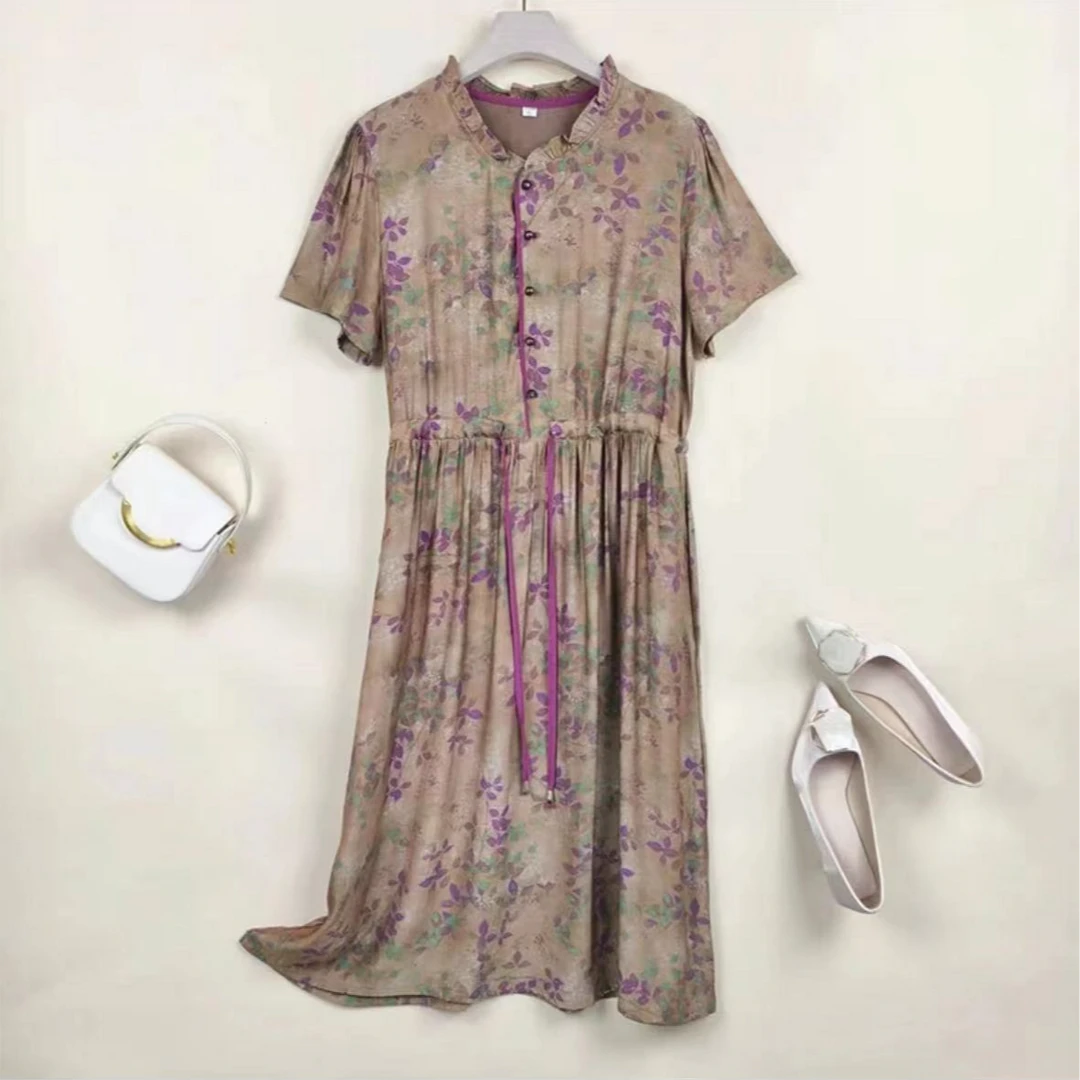 0435透气裙子妈妈装高妈妈装紫叶子洋气显瘦气质时尚休闲修身