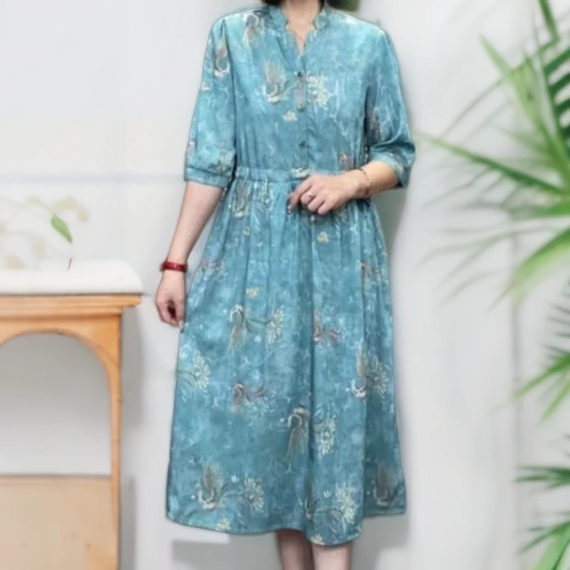 0518透气裙子凤凰于飞妈妈装高贵新款花女装连衣裙洋气收腰气质碎