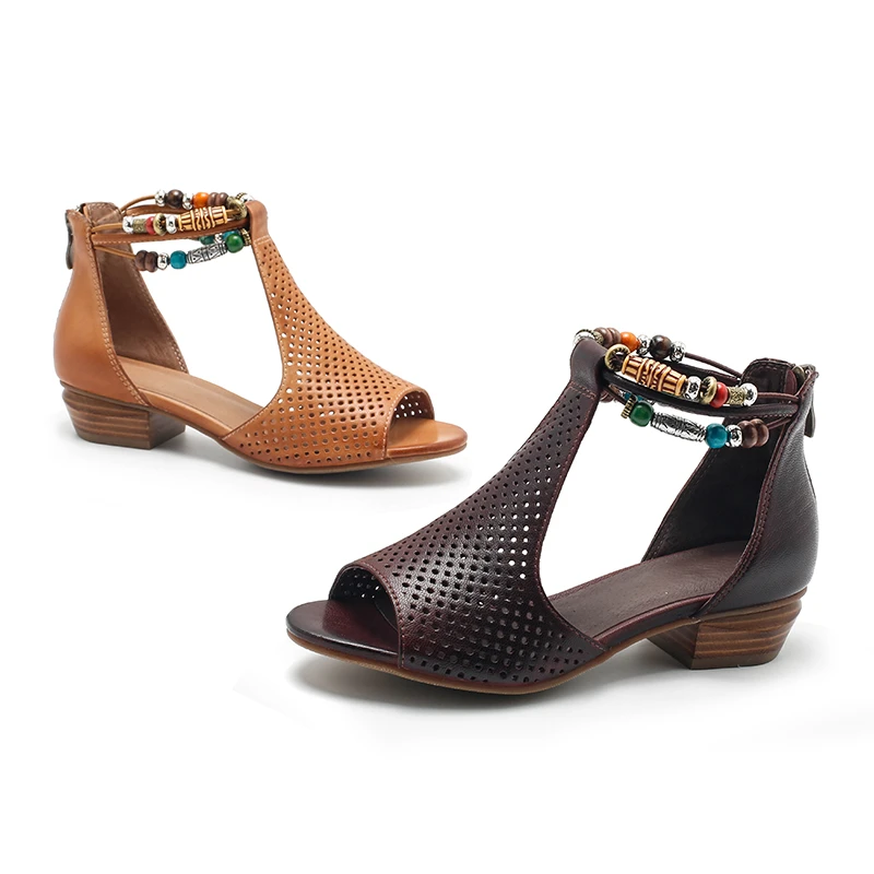 C05-08波西米亚复古民族风女鞋中跟中空凉靴罗马鱼嘴凉鞋