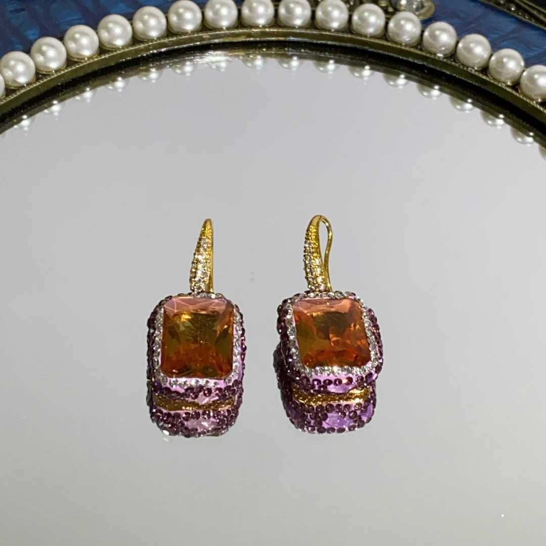 铜合金合成锆石耳饰 TTSD 苏丹石方形轻奢气质紫色镶嵌耳环8126