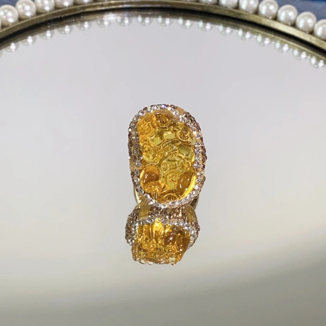 铜合金合成锆石戒指 TTSD 黄色精雕貔貅民族风气质活口戒指8233