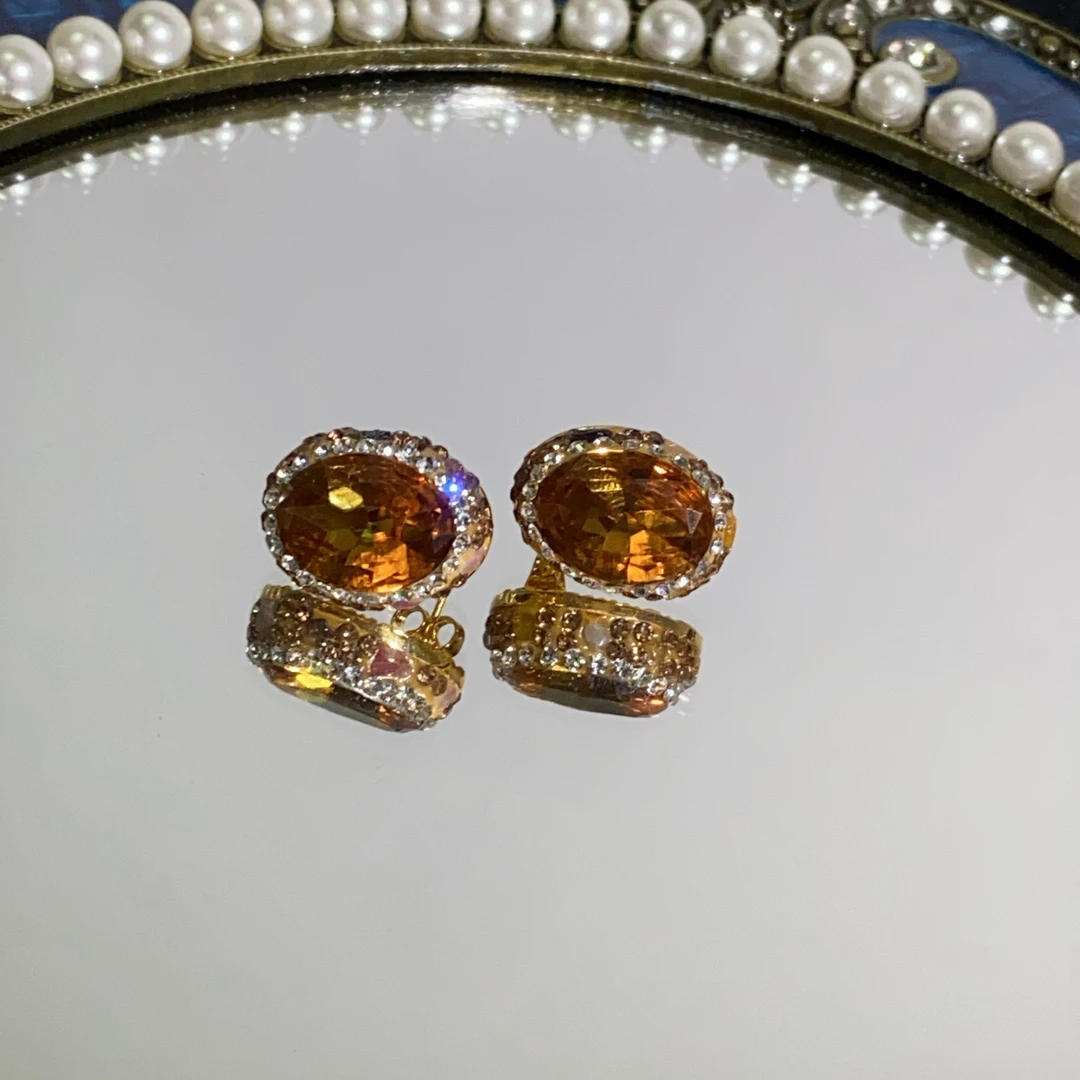 铜合金合成锆石耳饰 TTSD 苏丹石椭圆精致中古百搭气质耳钉8114