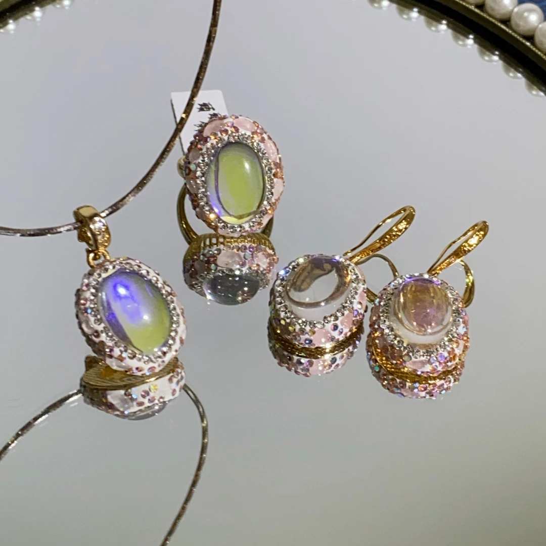 铜合金合成锆石戒指 TTSD 粉色通透时尚轻奢欧美戒指三件套8016