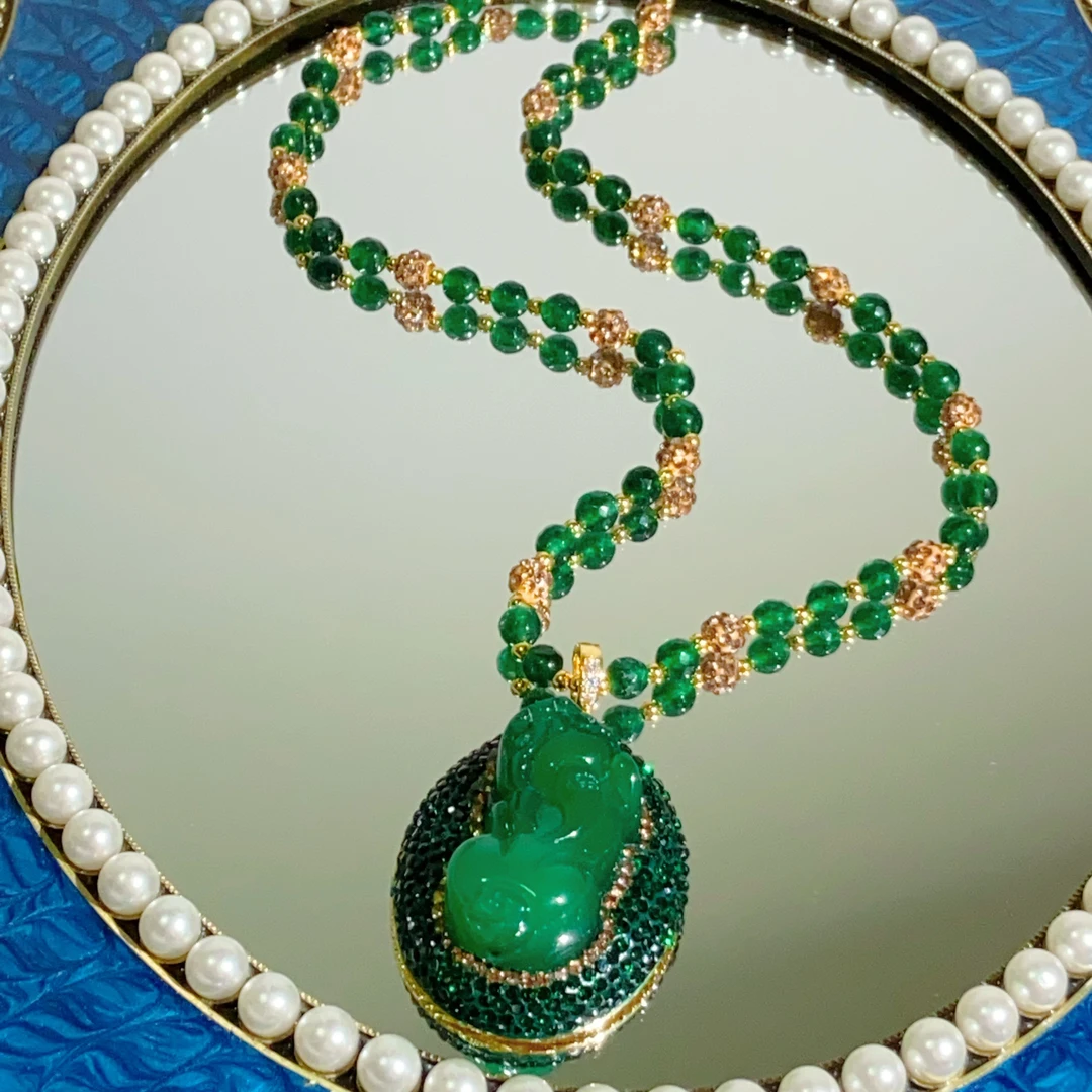 TTSD 绿色精雕貔貅镶嵌法式轻奢百搭毛衣链217