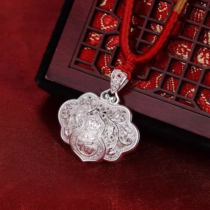 吊坠足银 无铃铛葫芦平安锁吊坠足银宝宝福字长命锁成人儿童银锁