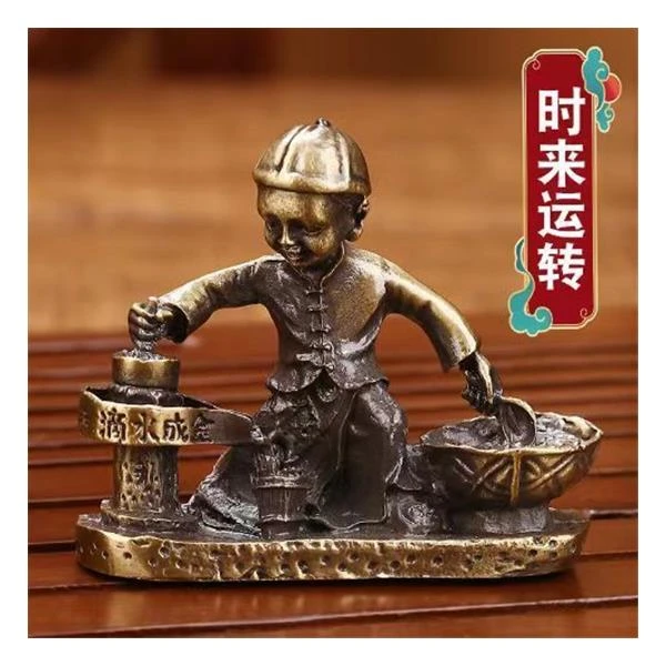 古玩收藏仿古做旧青铜色合金滴水成金童子推磨石磨金属工艺品摆件