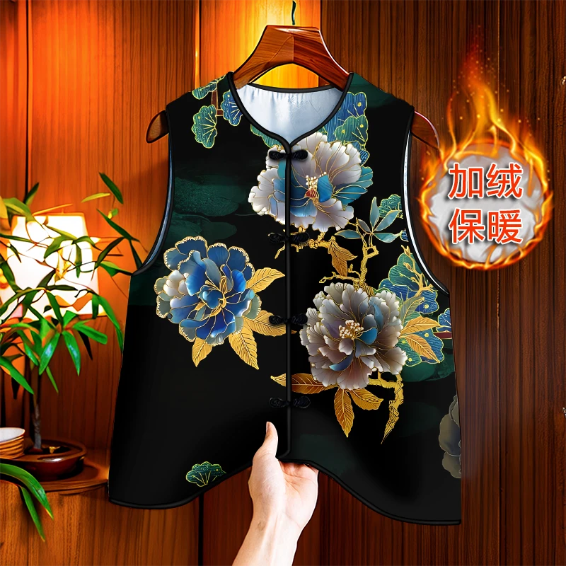 中国风加绒冬季马甲女款外穿马夹中老年妈妈保暖背心复古印花上衣