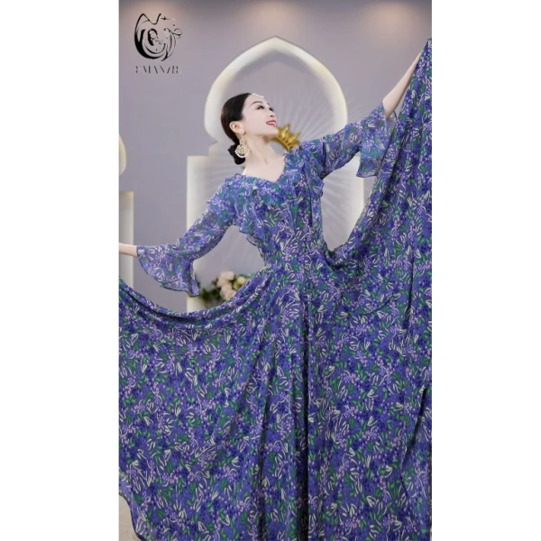 依曼之舞【慧慧】A2550连衣裙大裙摆女夏季显瘦印花新疆舞法式