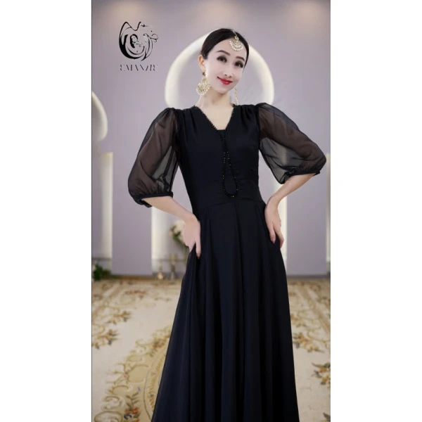 【慧慧】A6019异域风情夏季气质轻奢高腰薄款黑色新疆舞连衣裙显瘦