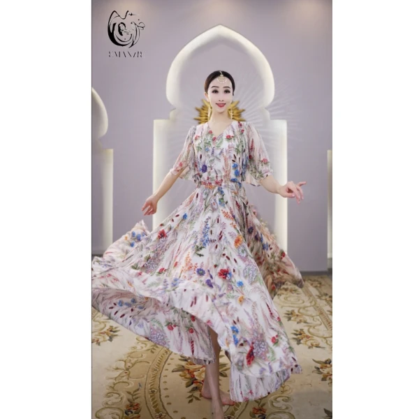 【慧慧】A6020异域风情新疆舞蹈服连衣裙大裙摆长款新款印花