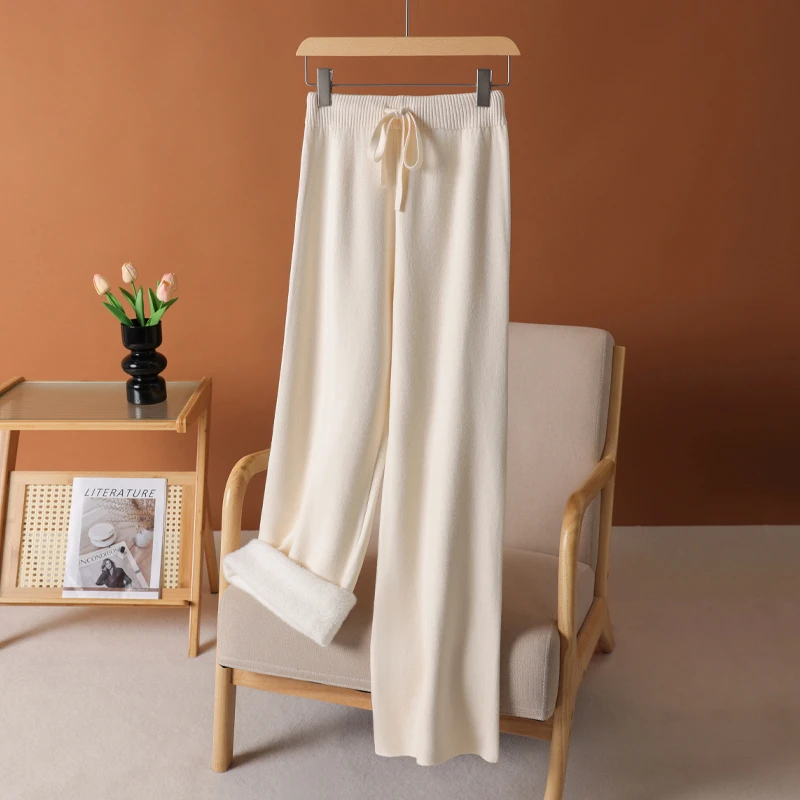 针织休闲宽松垂感阔腿裤加绒加厚长裤直筒显瘦高腰百搭大码女一