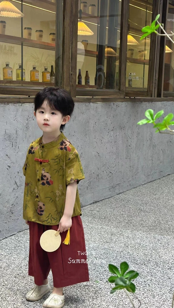 【洛鸢】儿童夏装短袖唐装开衫新中式男童女童中国风汉服两件套装