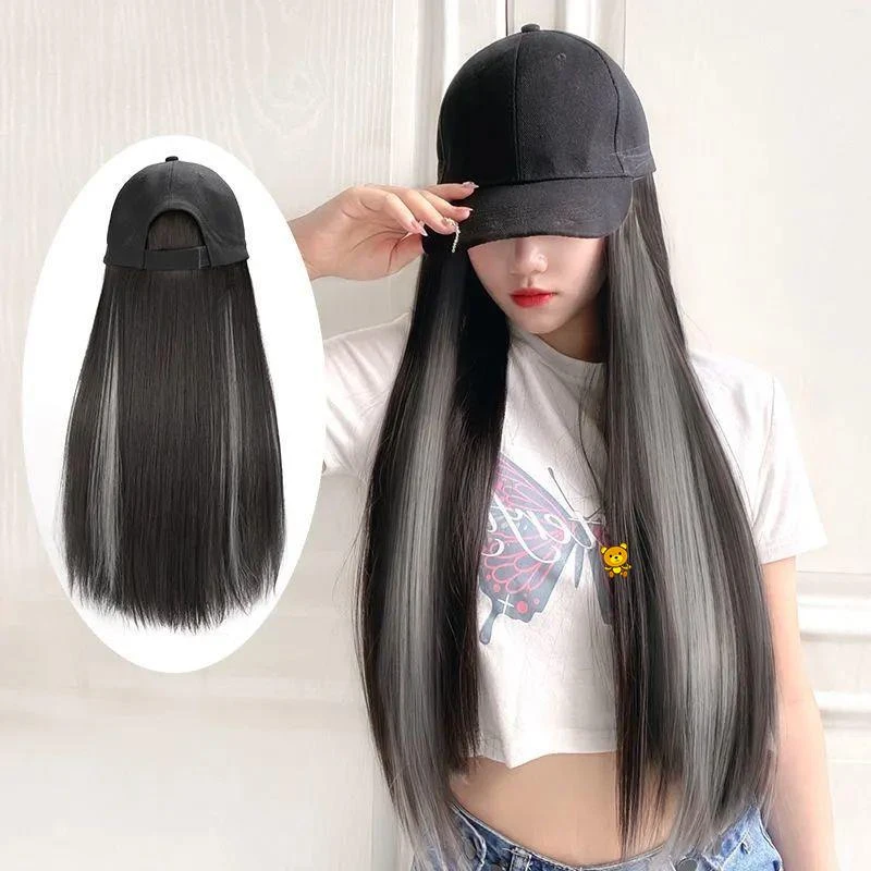 假发帽子一体夏天女长发网红潮流鸭舌帽头发长直发新式全头套大脸