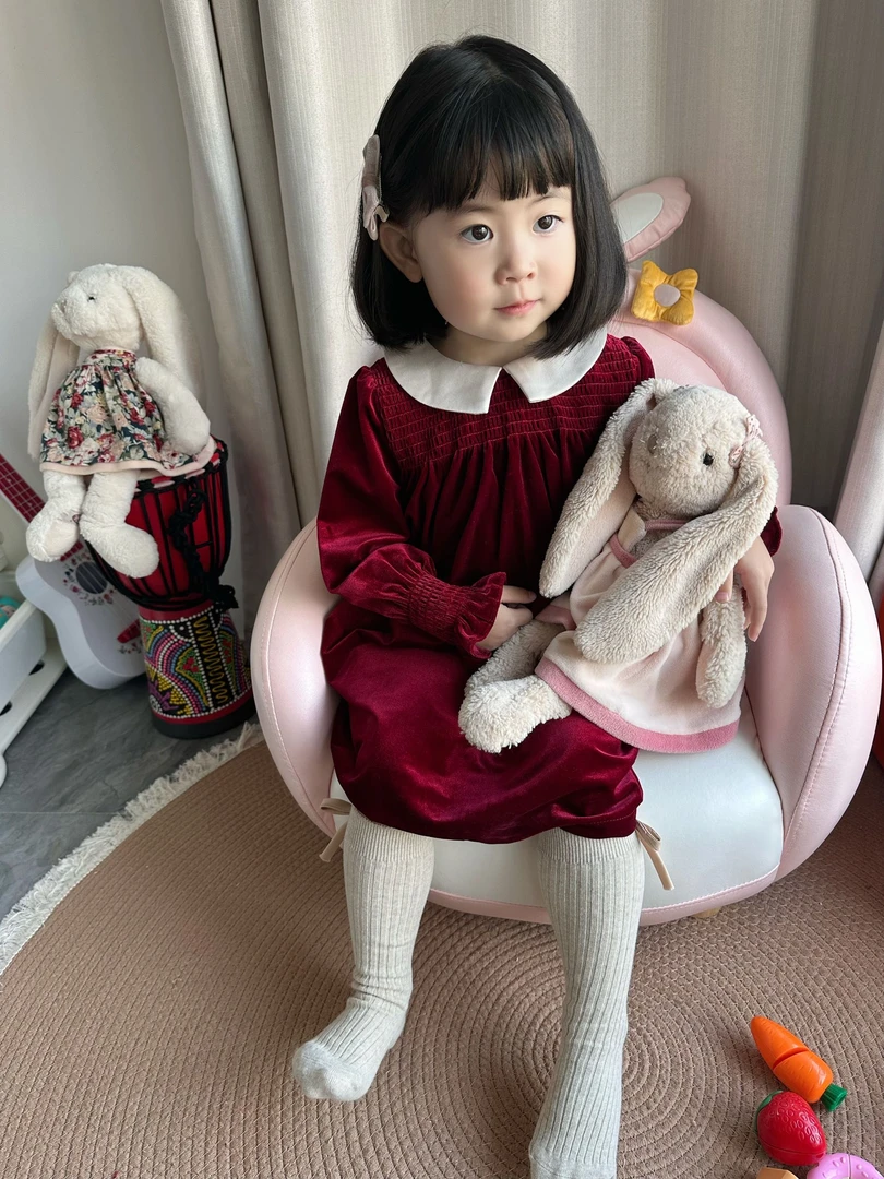 2024秋冬新款女宝长袖小翻领撞色丝绒裙打榄公主裙女童