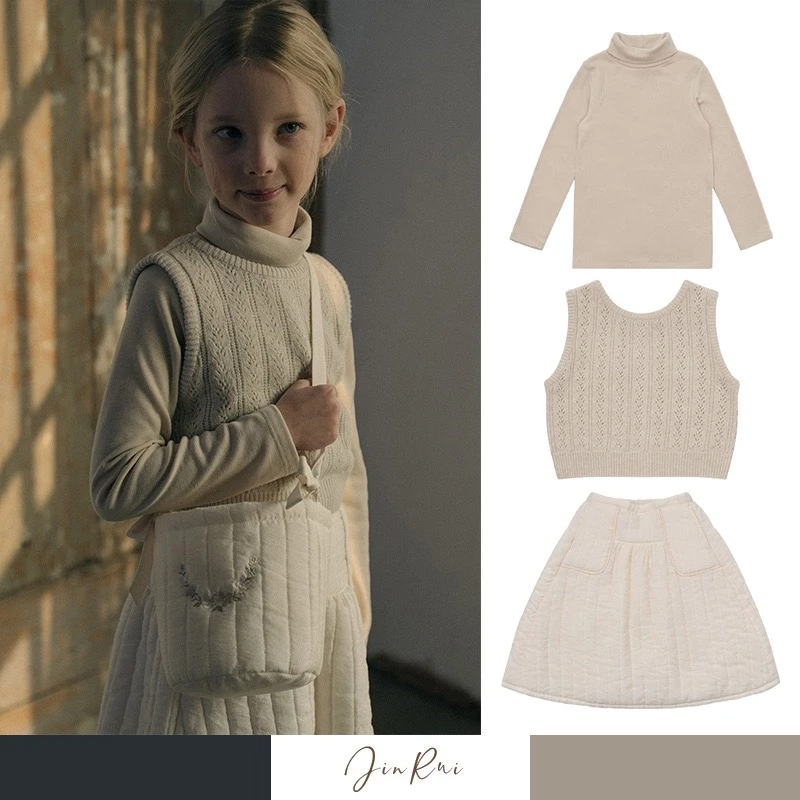 LOU2024秋冬新款高领长袖打底T恤背心夹棉半裙套装