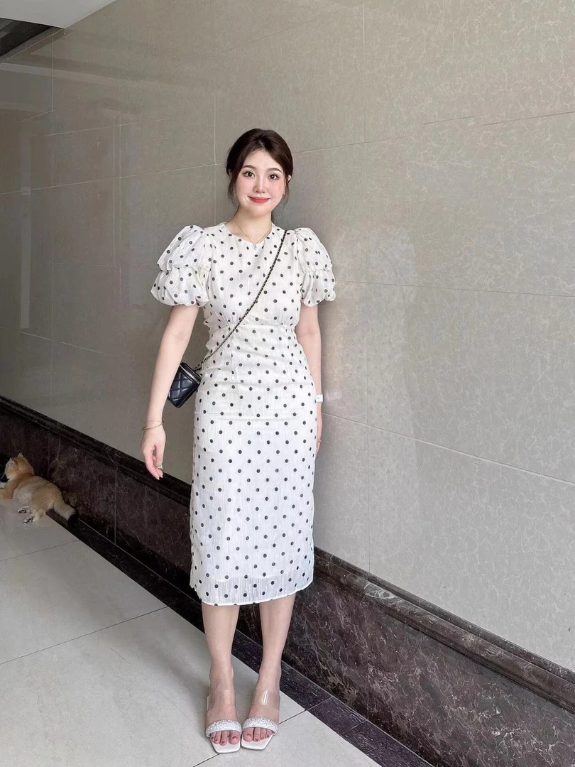 2024女装连衣裙泡泡袖时尚减龄波点白色气质宽松高级感休闲裙子