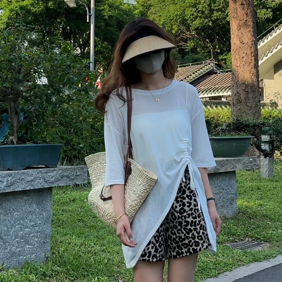 婉婉家 （前抽绳后开叉上衣）夏季不规则设计感中长款雪花上衣