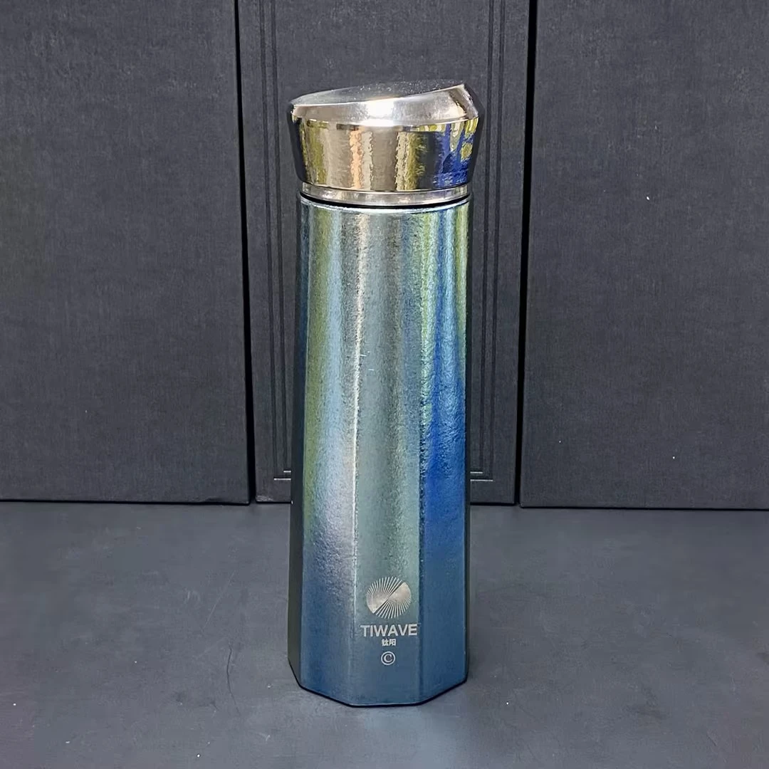 【金润推荐】钛阳双层纯钛九边高档办公杯全钛盖蓝色不真空E-06