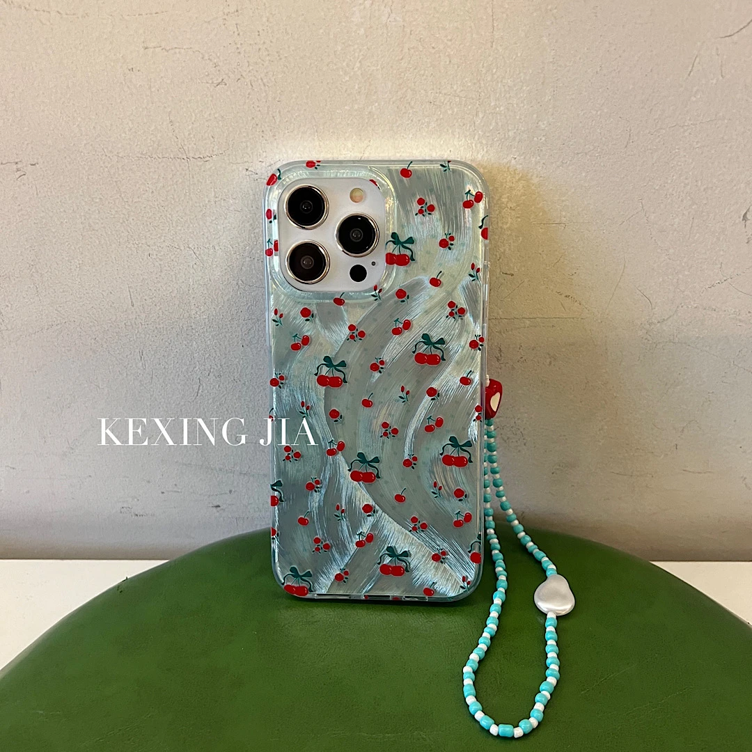 适用苹果系列ins风薄荷绿樱桃iPhone15羽纱印花手机壳14/13/12