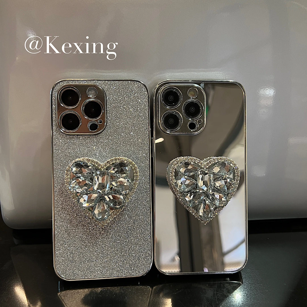 【苹果华为】ins小众高级感镜面钻石爱心支架防摔手机壳iPhone