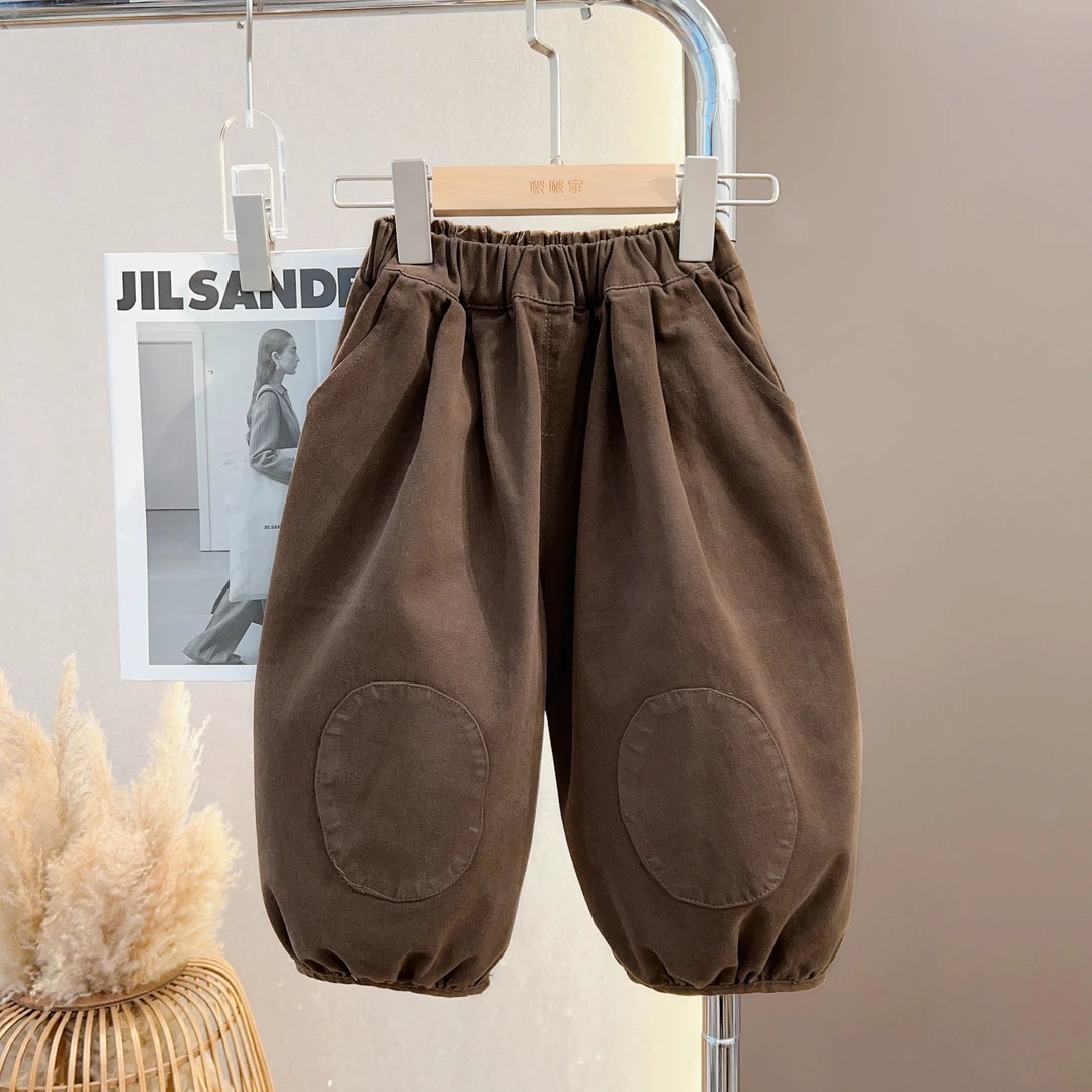 【年轮】咖色补丁裤2024春秋新款韩版宽松休闲裤儿童帅气潮裤子